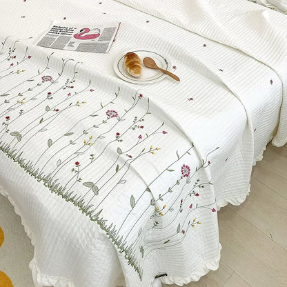 DecorBites™ Fresh Flower Embroidered Summer Quilt Set - Lightweight Ruffled Comforter