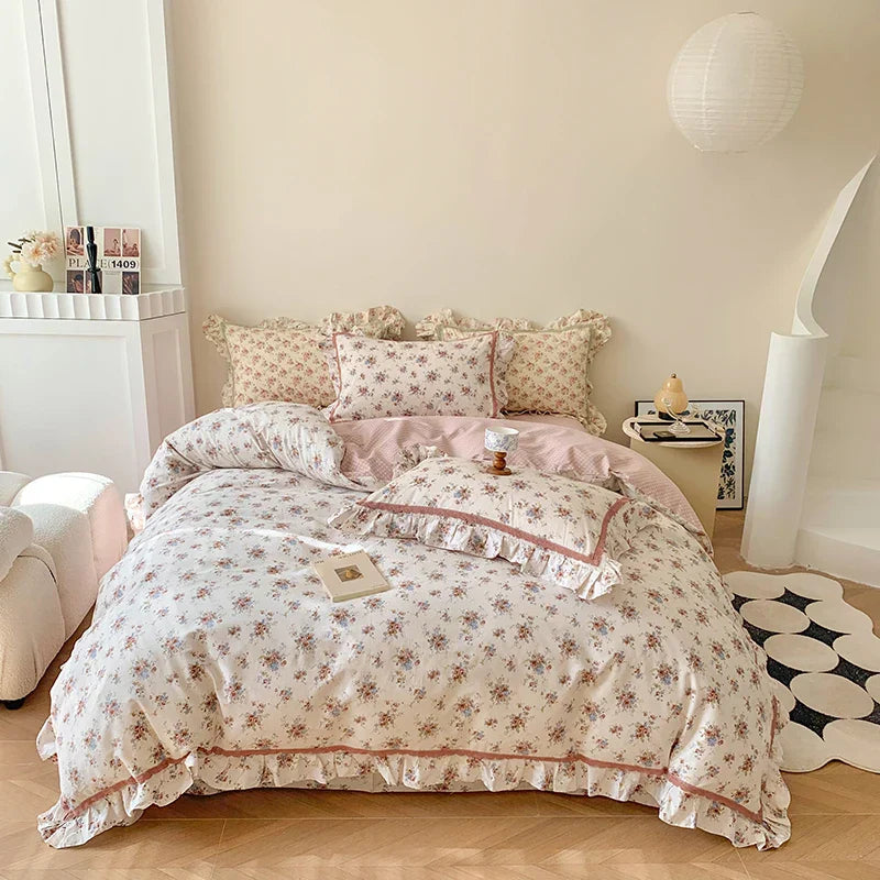 DecorBites™ French Floral Bedding Set, 100% Cotton, Ruffles, Duvet Cover, Bed Sheet, Pillowcases