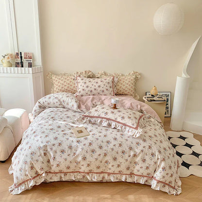 DecorBites™ French Floral Bedding Set, 100% Cotton, Ruffles, Duvet Cover, Bed Sheet, Pillowcases