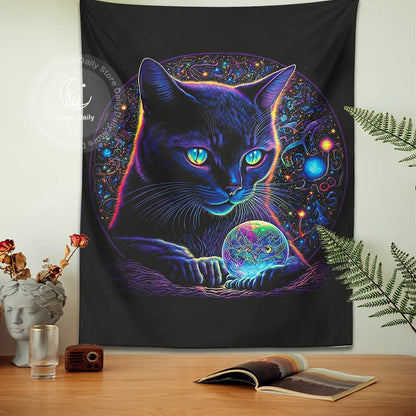 DecorBites™ Black Cat Tapestry: Trippy Magic Crystal Ball Wall Art for Boho Home Decor