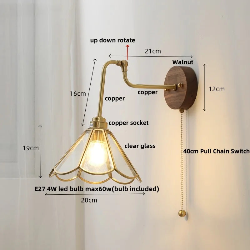 DecorBites™ LED Wall Lights Up Down Rotate Pull Chain Switch Bedside Lamp Glass Canopy Fixtures