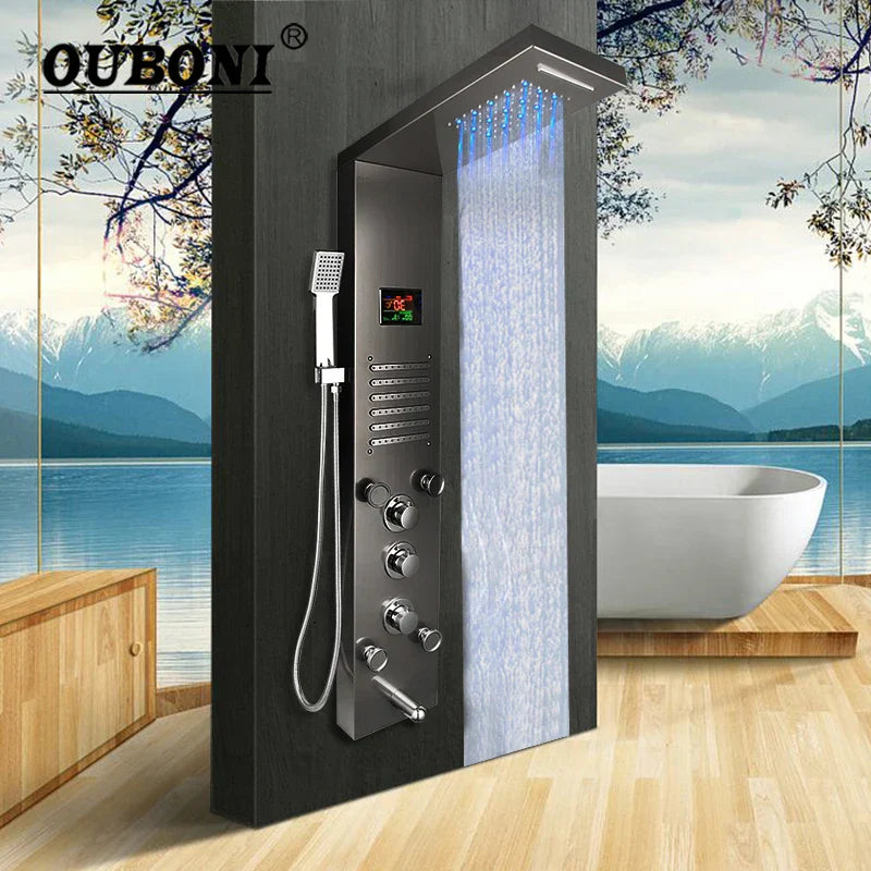 DecorBites™ Dark Grey LED Shower Panel Column with Rainfall Waterfall Spa Jets