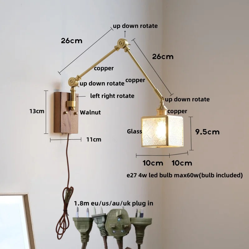 DecorBites™ Cube Glass LED Wall Sconce Walnut Wood Rotatable Mirror Light
