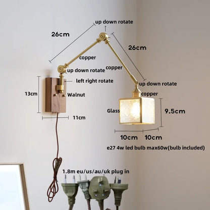 DecorBites™ LED Walnut Wood Cube Glass Wall Light with Pull Chain Switch