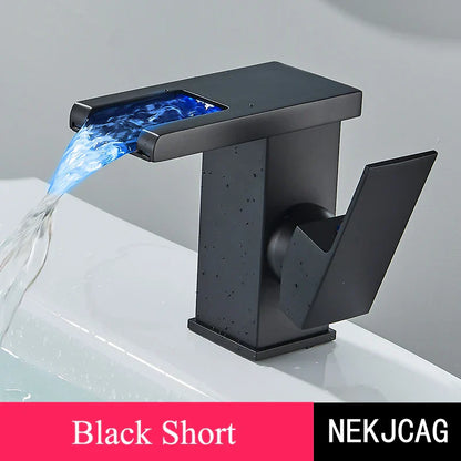DecorBites™ LED Waterfall Basin Faucet: Black Mixer Tap with Light, Deck Mount Kitchen Sink