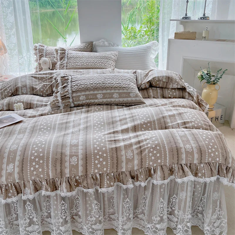 DecorBites™ French Floral Print Bedding Set: Duvet Cover, Lace Ruffles, Quilted Embroidery, Pillowcases