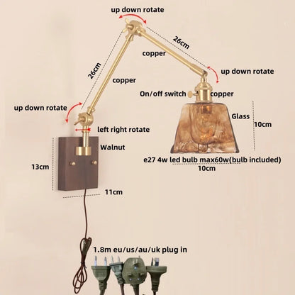 DecorBites™ Cube Glass LED Wall Sconce Walnut Wood 2 Arms Rotatable Mirror Light