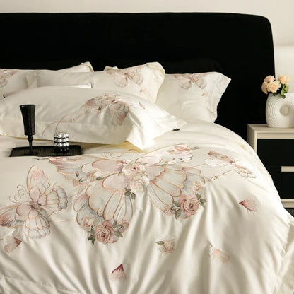 DecorBites™ Luxe Butterfly Flowers Embroidery Bedding Set 800TC Egyptian Cotton Duvet Covers Sheets Pillowcases
