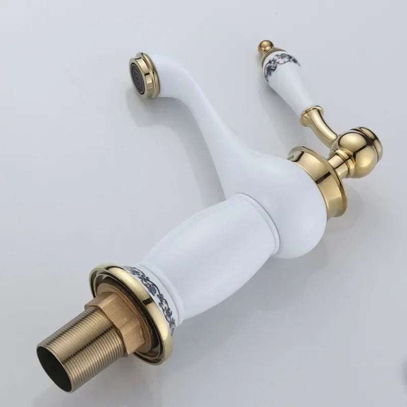 Gold Ceramic Basin Faucet White Ceramic Body