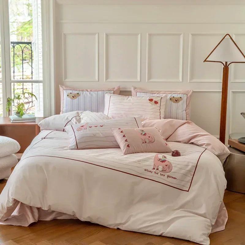 DecorBites™ Cotton Embroidered King Queen Bedding Set with High-Quality Duvet Cover Pillowcases