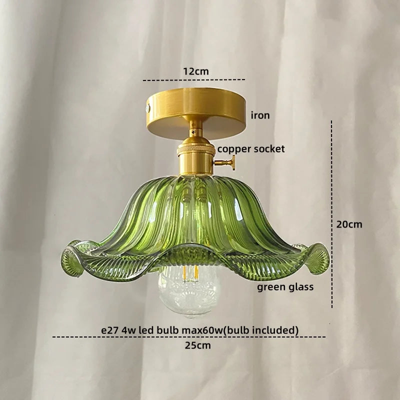 DecorBites™ Green Glass Copper Ceiling Light Fixture Balcony Kitchen Modern LED Lamp
