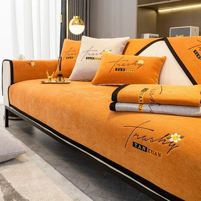 Soft Chenille Embroidery Four Season Universal Sofa Towel, L-shaped Sectional Anti-slip Sofa Cover for Living Room
