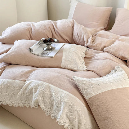 DecorBites™ French Lace Cotton Bedding Set: Duvet, Sheet, Pillowcases, 4Pc