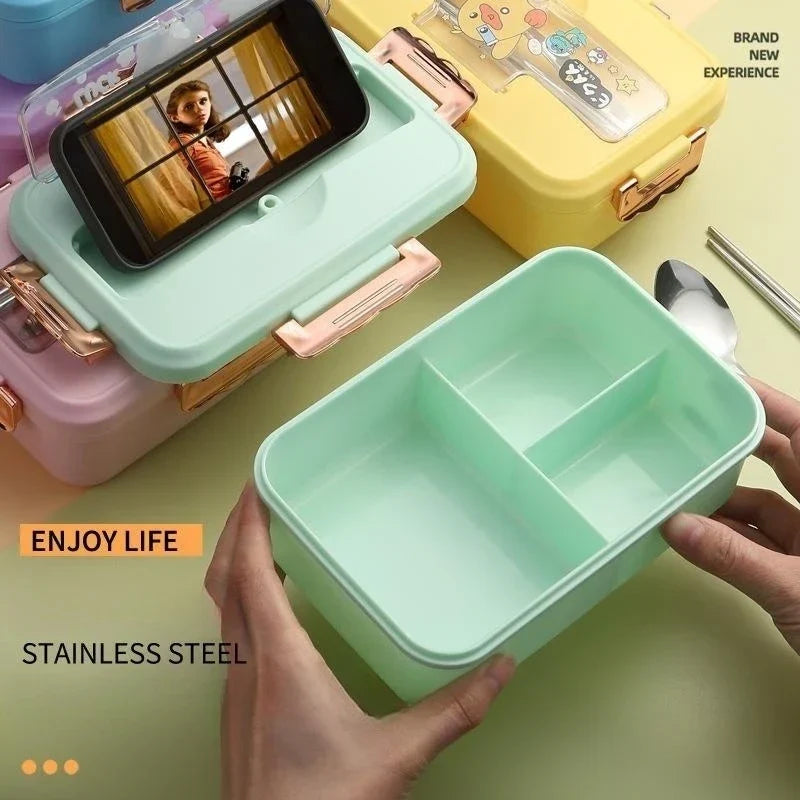 DecorBites™ Kids Cartoon Bento Lunch Box with Fork Spoon, Heated 3 Grid Sandwich Snack Box