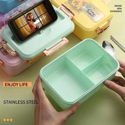 DecorBites™ Kids Cartoon Bento Lunch Box with Fork Spoon, Heated 3 Grid Sandwich Snack Box