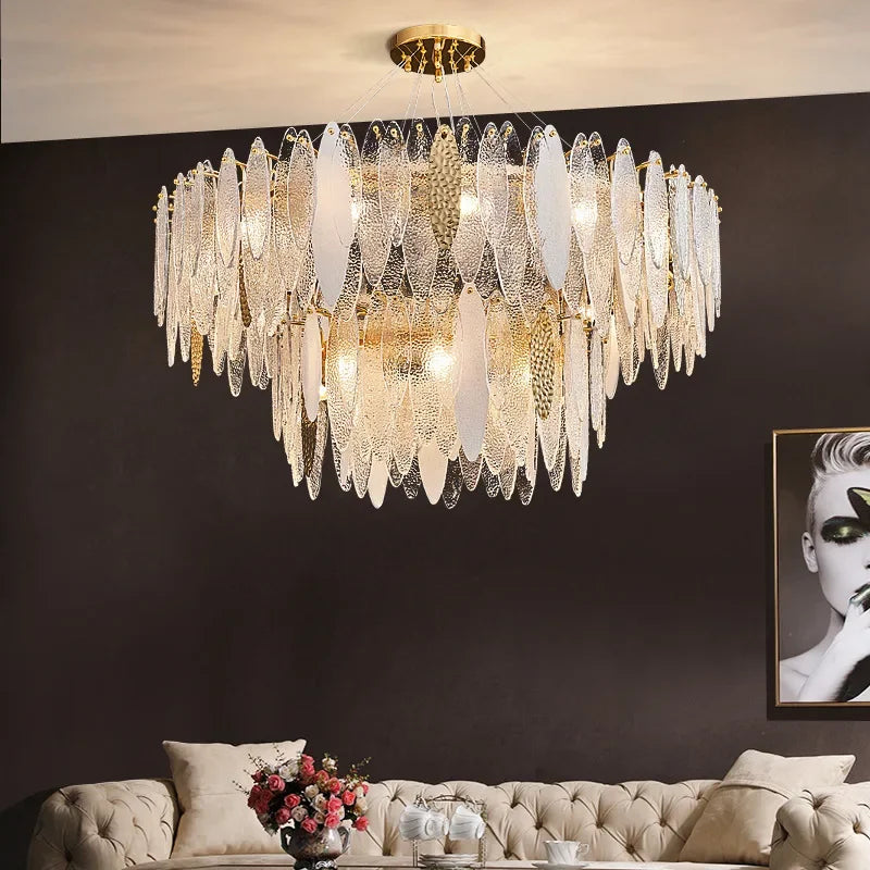 Gold Glass Pendant Chandelier 2-Tier 100cm