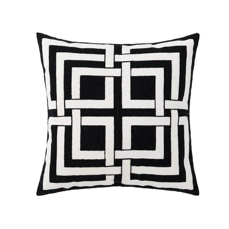 DecorBites™ Geometric Embroidered Cushion Cover - Modern Black & White Pillowcase for Home Sofa