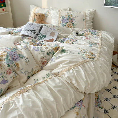 DecorBites™ Korean Princess Flowers Bedding Set - Duvet Cover, Bed Skirt, Pillowcases