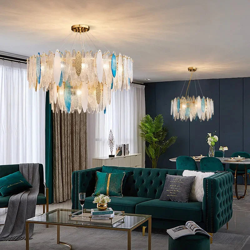 Gold Glass Pendant Chandelier 2-Tier 100cm