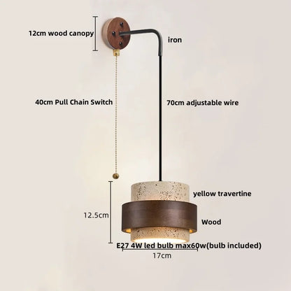 DecorBites™ Copper Wood LED Wall Sconce Yellow Travertine Stone Bedside Light