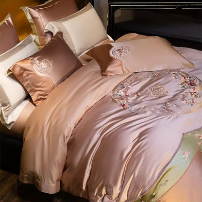 DecorBites™ Elegant Flowers Embroidery Brocade Cotton Bedding Set - Duvet Cover, Sheet, Pillowcases