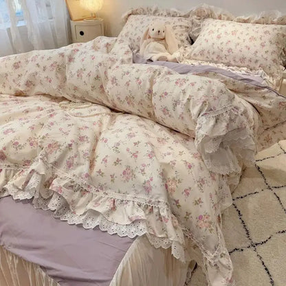 DecorBites™ Korean Princess Style Floral Lace Ruffles Bedding Set with Pillowcase