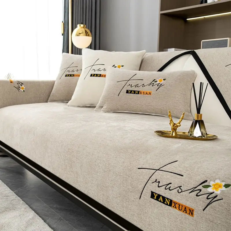 Soft Chenille Embroidery Four Season Universal Sofa Towel, L-shaped Sectional Anti-slip Sofa Cover for Living Room
