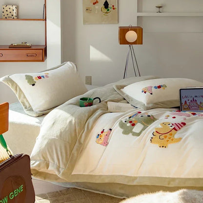 DecorBites™ Embroidered Milk Fleece Winter Bedding Set for Warmth & Cozy Comfort