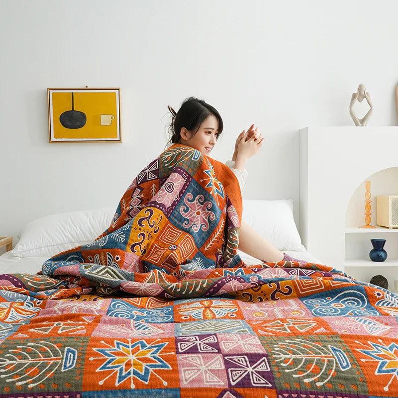 DecorBites™ Birds Plaid Cotton Gauze Blanket Bedspread Set with 2 Pillow Towels