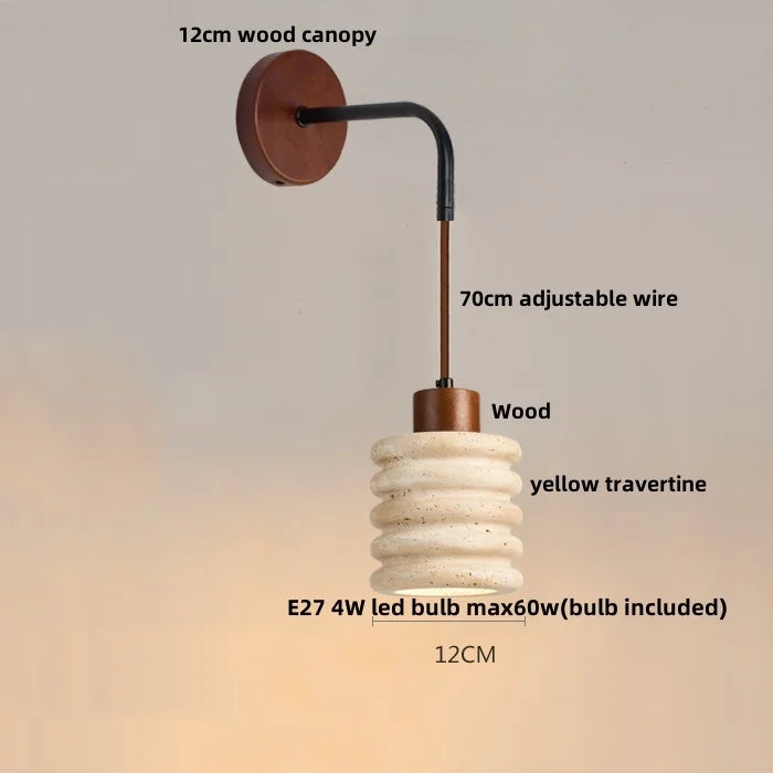 DecorBites™ LED Wall Lamp Pull Chain Switch Wood Nordic Modern Yellow Travertine Mirror Light