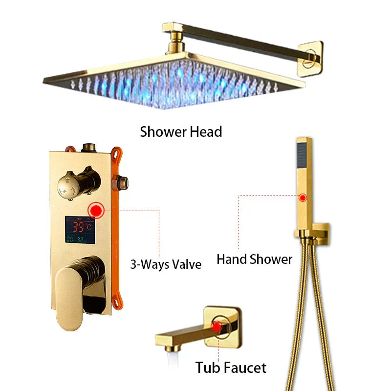 DecorBites™ Gold 12" Digital Display Rainfall Shower Faucet with Single Lever Control