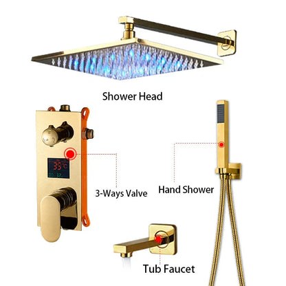 DecorBites™ Gold 12" Digital Display Rainfall Shower Faucet with Single Lever Control