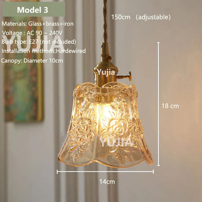 Vintage Amber Glass Pendant Light With Brass Detail