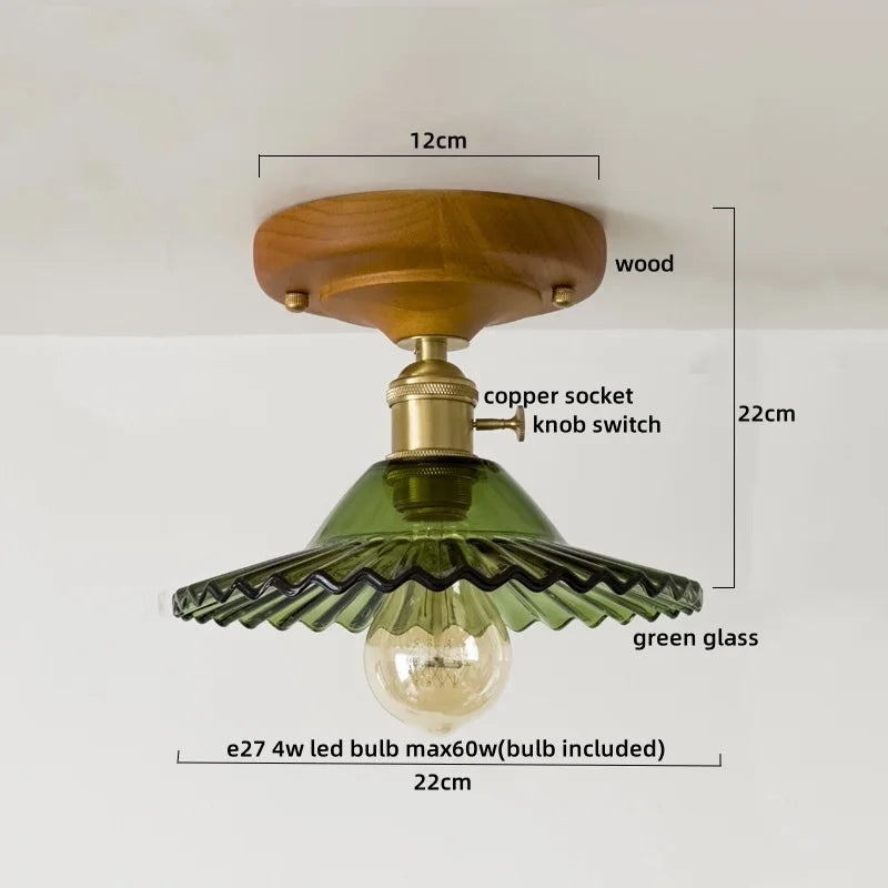 DecorBites™ Green Glass LED Ceiling Lamp Nordic Wood Copper Ceiling Lights