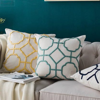 DecorBites™ Geometric Embroidery Cushion Cover Navy Blue White Yellow 50x50cm Home Decor Pillow