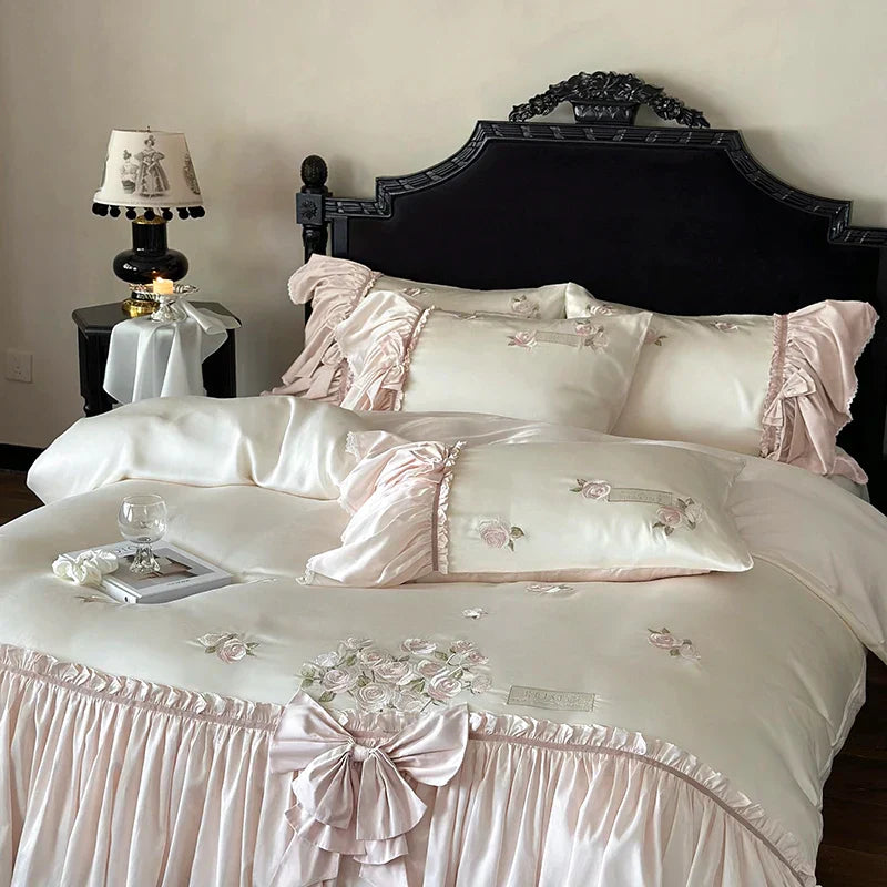 DecorBites™ French Bow Ruffle Flower Embroidery Bedding Set - Luxury Lyocell Cotton