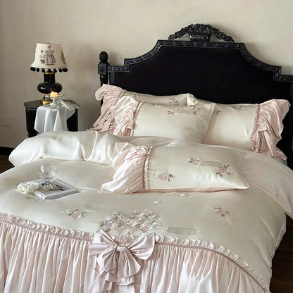 DecorBites™ French Bow Ruffle Flower Embroidery Bedding Set - Luxury Lyocell Cotton