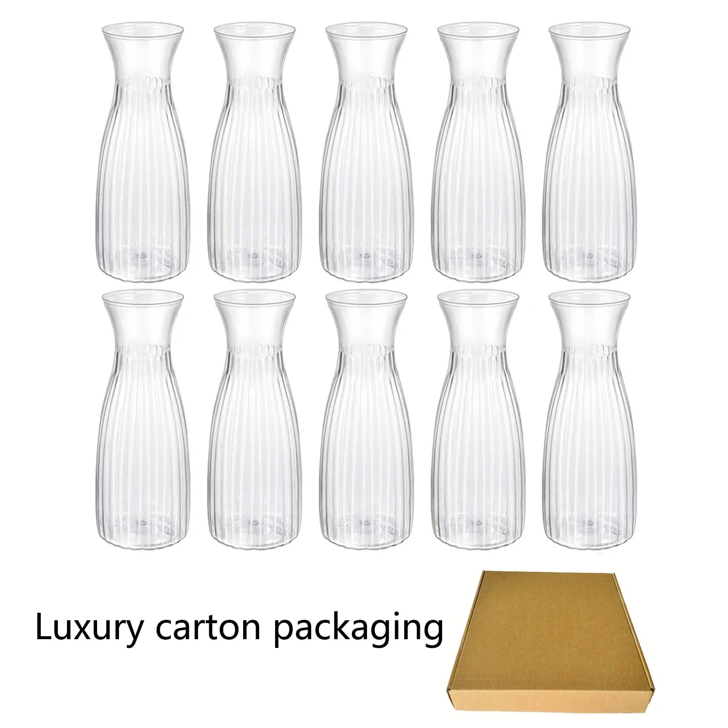 Ten clear ribbed glass carafes arranged in two rows resembling hollow nordic modern vases from mainland china