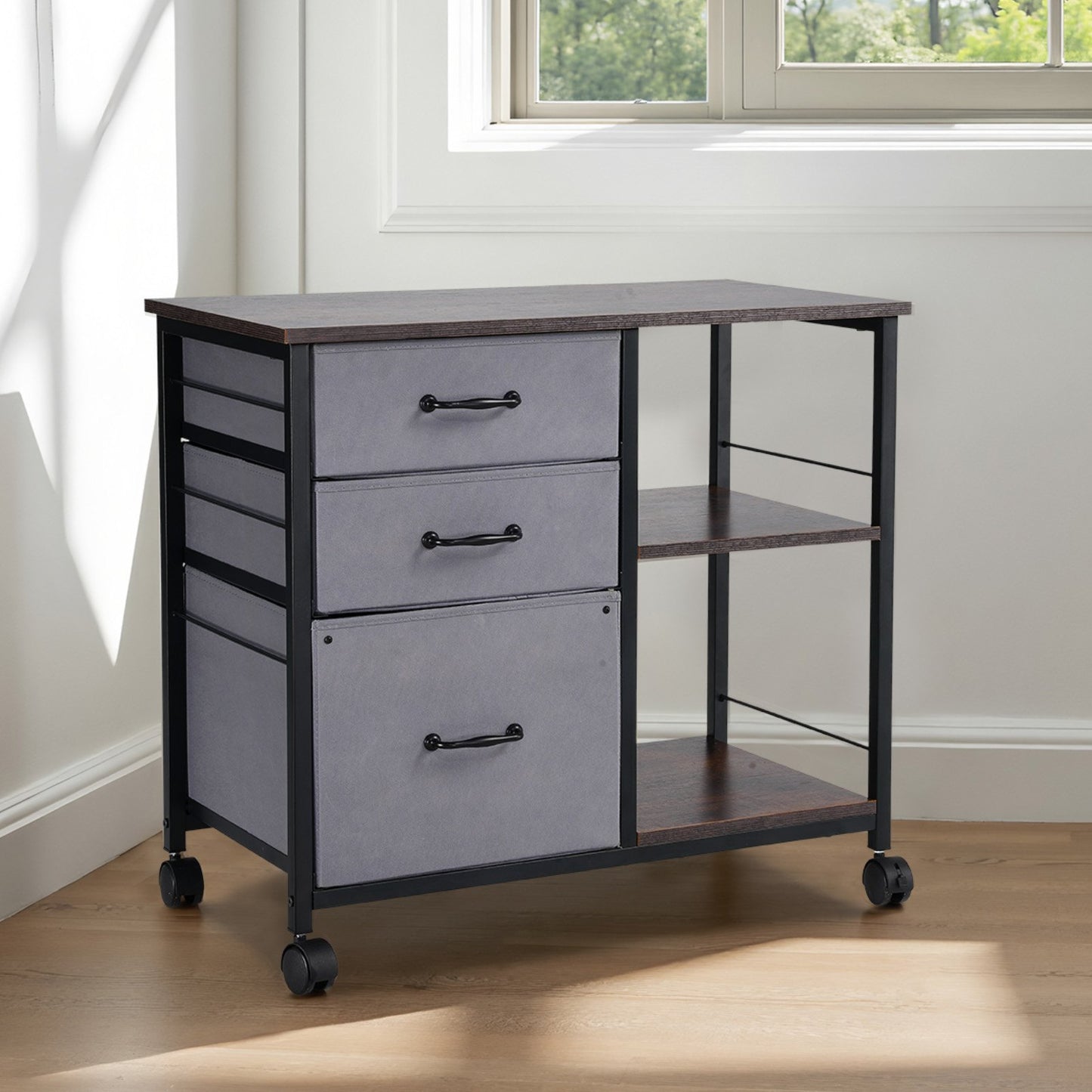 Mobile Metal File Cabinet With 3 Fabric Drawers And 2 Open Shelves Brown