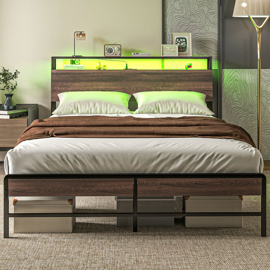 Queen Size Bed Frame with LED Lights and Charging Station