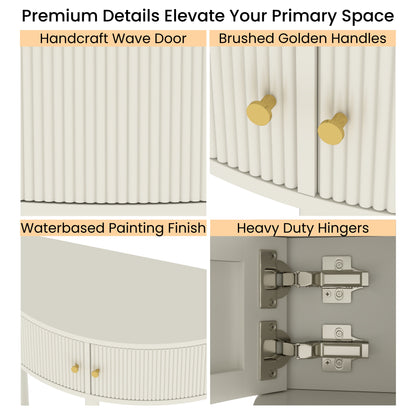 Artisan-Crafted Wave-Pattern Demi-Lune Console Table With Creamy White Finish,Unique Half Moon Design End Table With 2 Storage Drawers And Bottom Shelf For Living Room, Bedroom, Study, Hallway
