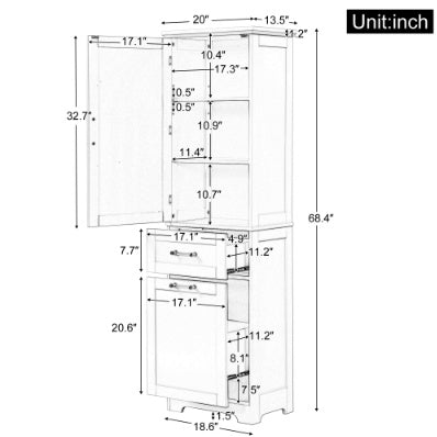 Tall Bathroom Storage Cabinet, Freestanding Storage Cabinet With Two Different Size Drawers And Adjustable Shelf, MDF Board With Painted Finish, Grey