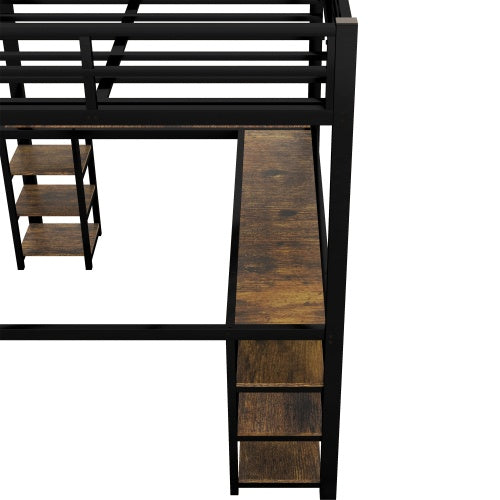 Black Metal Loft Bed With Desk And Shelves