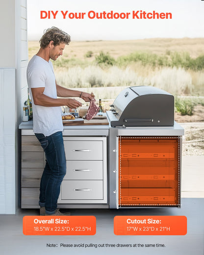 Outdoor Kitchen Drawers Triple BBQ Access Drawers Island 18.5x22.5x22.5 In
