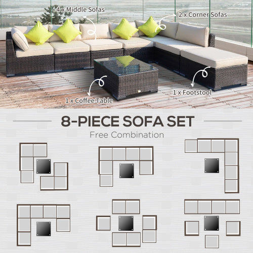 Outsunny 8 Pieces PE Rattan Corner Sofa Set With Thick Cushions, Aluminium Outdoor Rattan Garden Furniture Set With Glass Top Table, No Assembly Required, Mixed Brown
