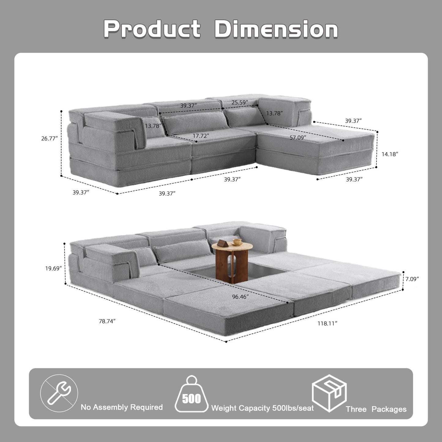 Compression Mahjong Sofa,Convertible Floor Sofa Bed,DIY Boneless Modular Sectional Sofa,No Assembly Required,Circle Fleece Fabric,Oversized 3 Seater With 1 Ottoman,Light-grey