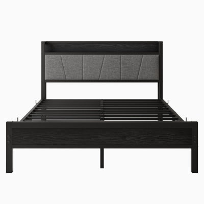 Black Metal Storage Bed Charging Station Headboard