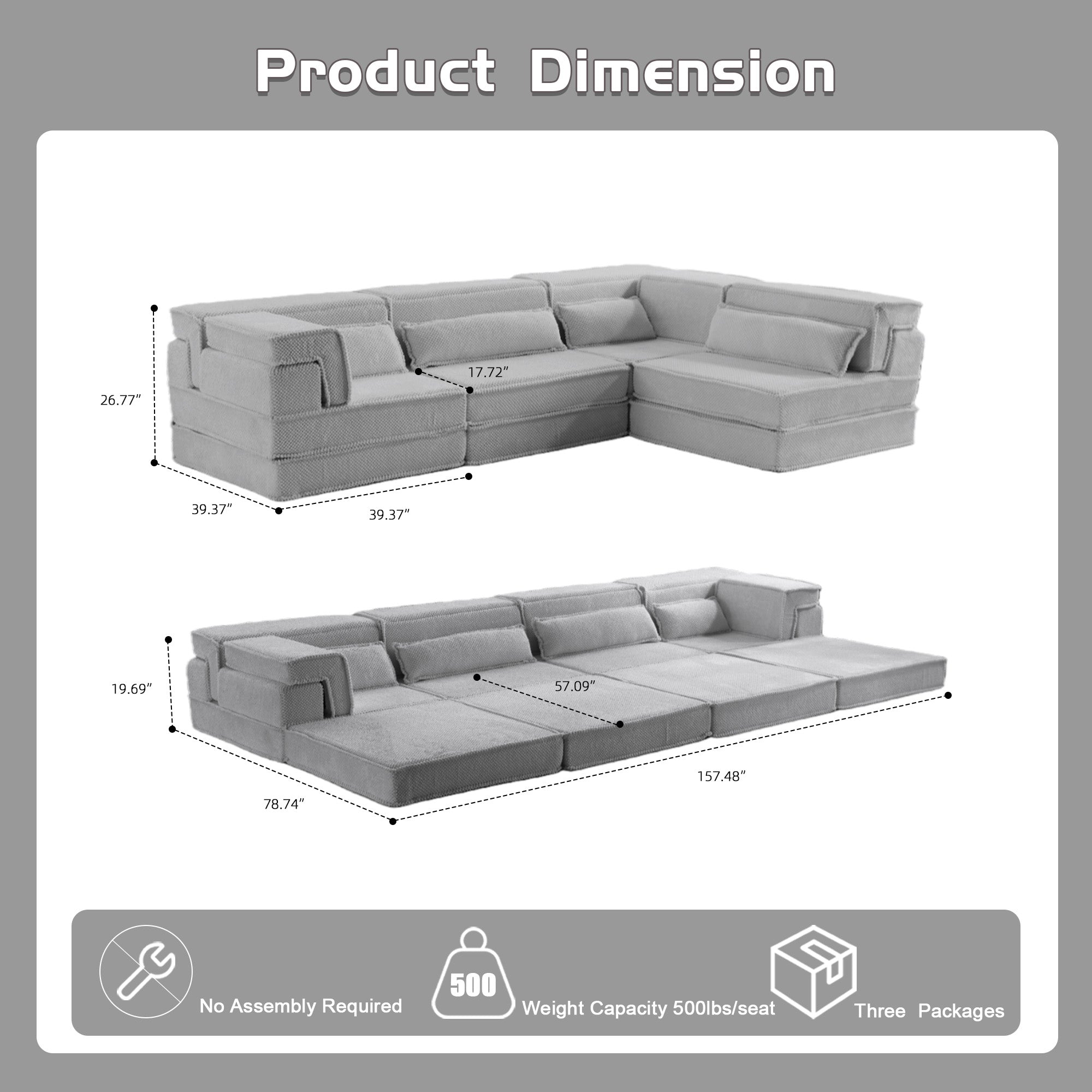 Light Grey Sectional Sofa Flexible Layout Fleece