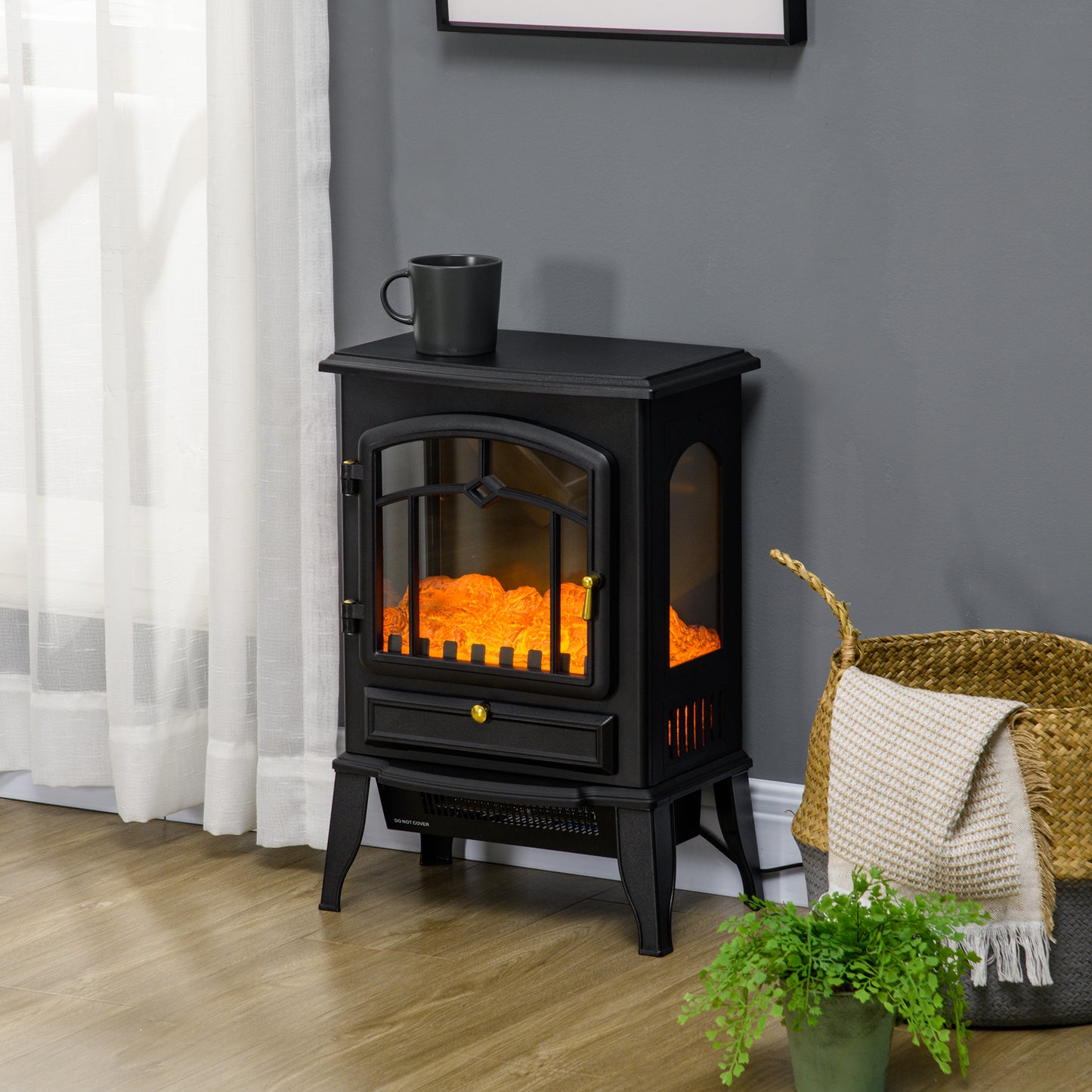 Electric Fireplace Heater Freestanding Fireplace Stove with 3-Side Realistic Flame Overheat Protection 750W/1500W