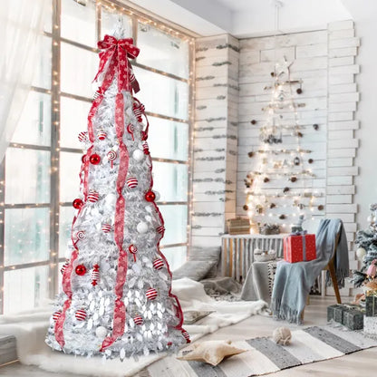 7 FT Fully Decorated Pre-lit Christmas Tree, Pop Up Artificial Xmas Tree With 170 Warm Lights And Red Ornaments For Home Office Store Holiday Deco, White